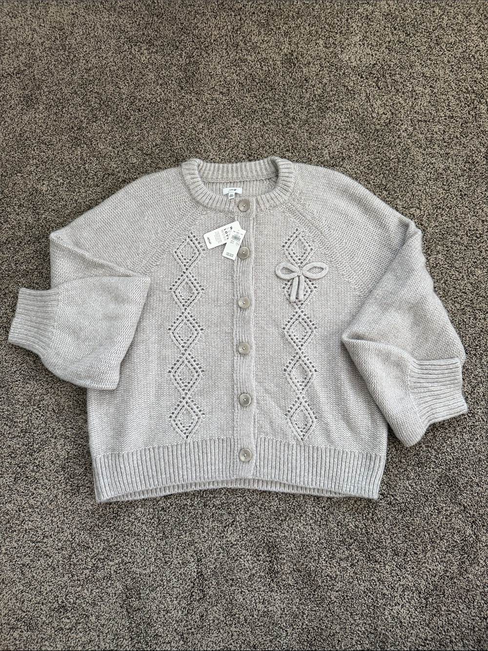 aerie Light Gray Knit Button-Front Cardigan with Bow Accent